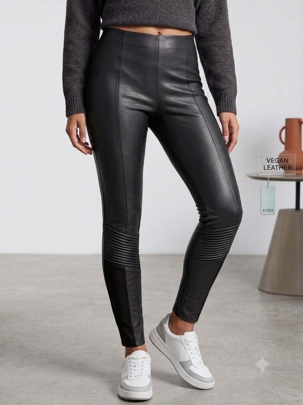 Lysse Black Vegan Leather Moto Leggings with Ribbed Knee Panels